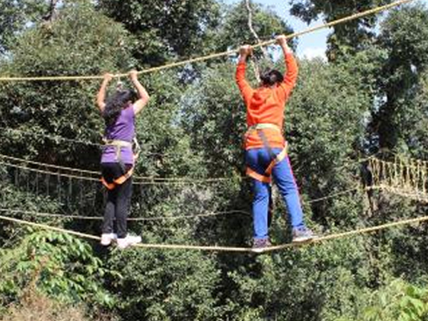A corporate team working together outdoors